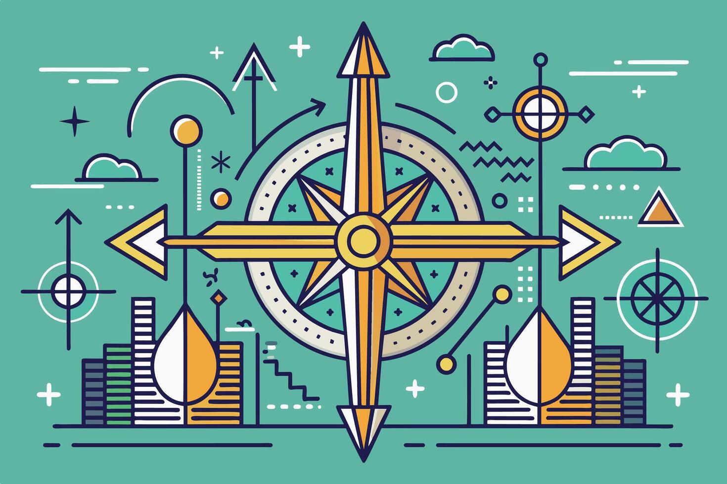 An abstract illustration of acompass surrounded by various geometric shapes, lines, and symbols on ateal background vector
