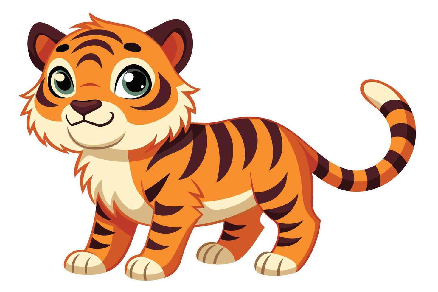 Illustration of acute cartoon tiger cub standing with black stripes on its orange fur and afriendly smile on its face. vector