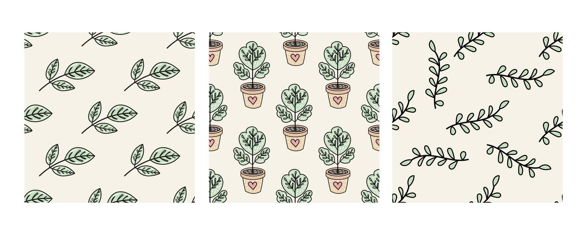 Set of seamless eco patterns with plants and leaves in doodle flat style vector