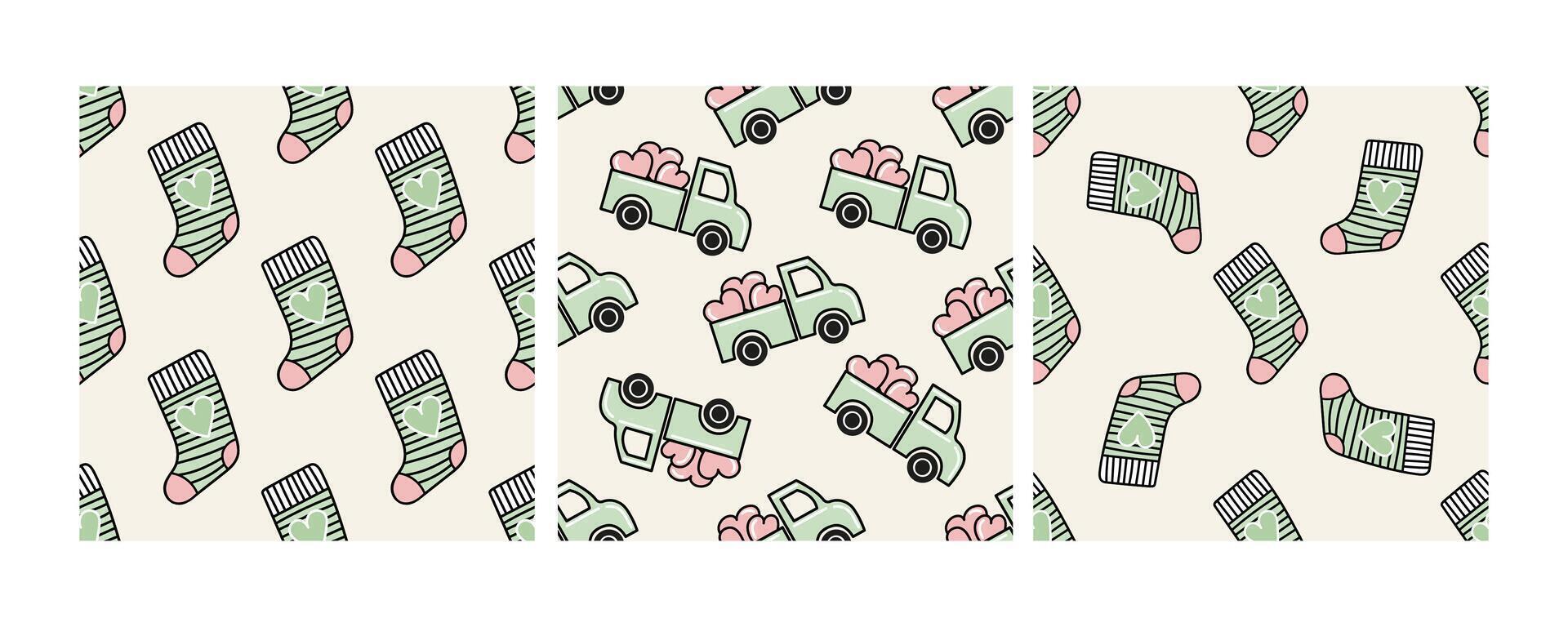 Set of seamless eco patterns with socks and trucks in doodle flat style vector