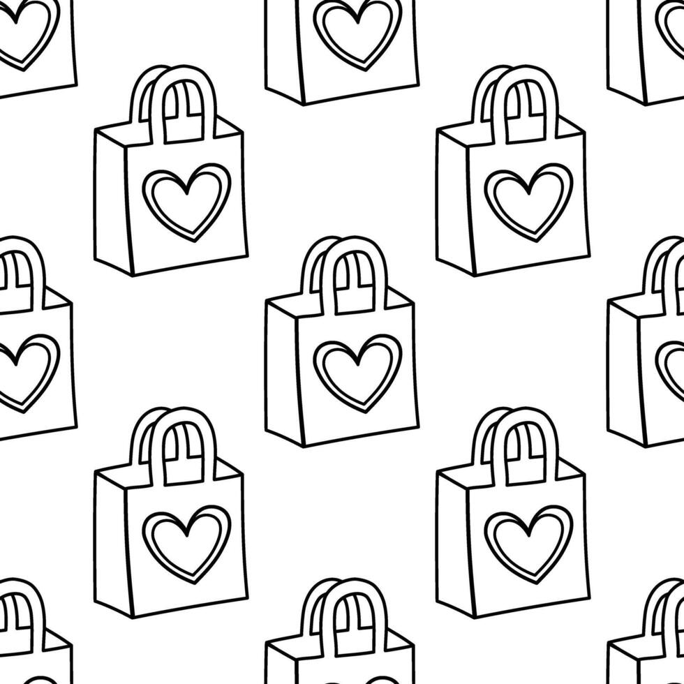 Outline seamless pattern with eco shopping bags and heart design vector