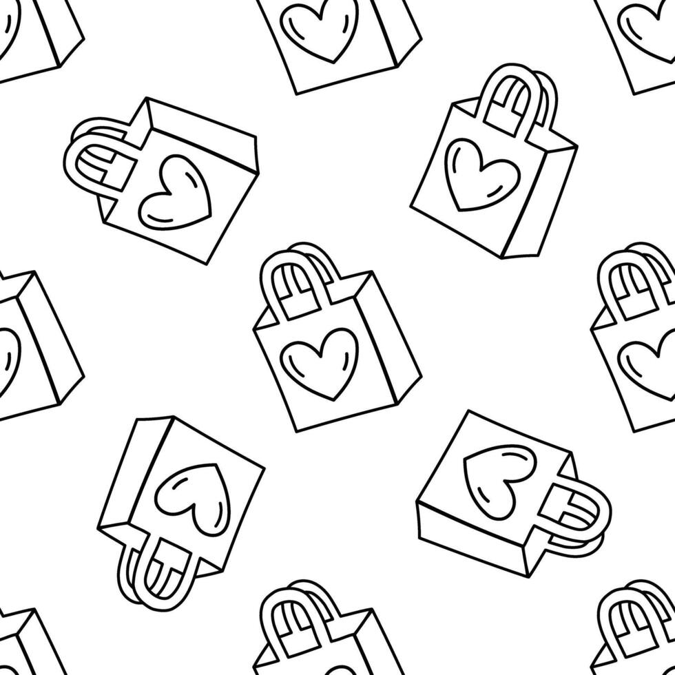 Outline seamless pattern with eco-friendly paper bags and heart illustration vector