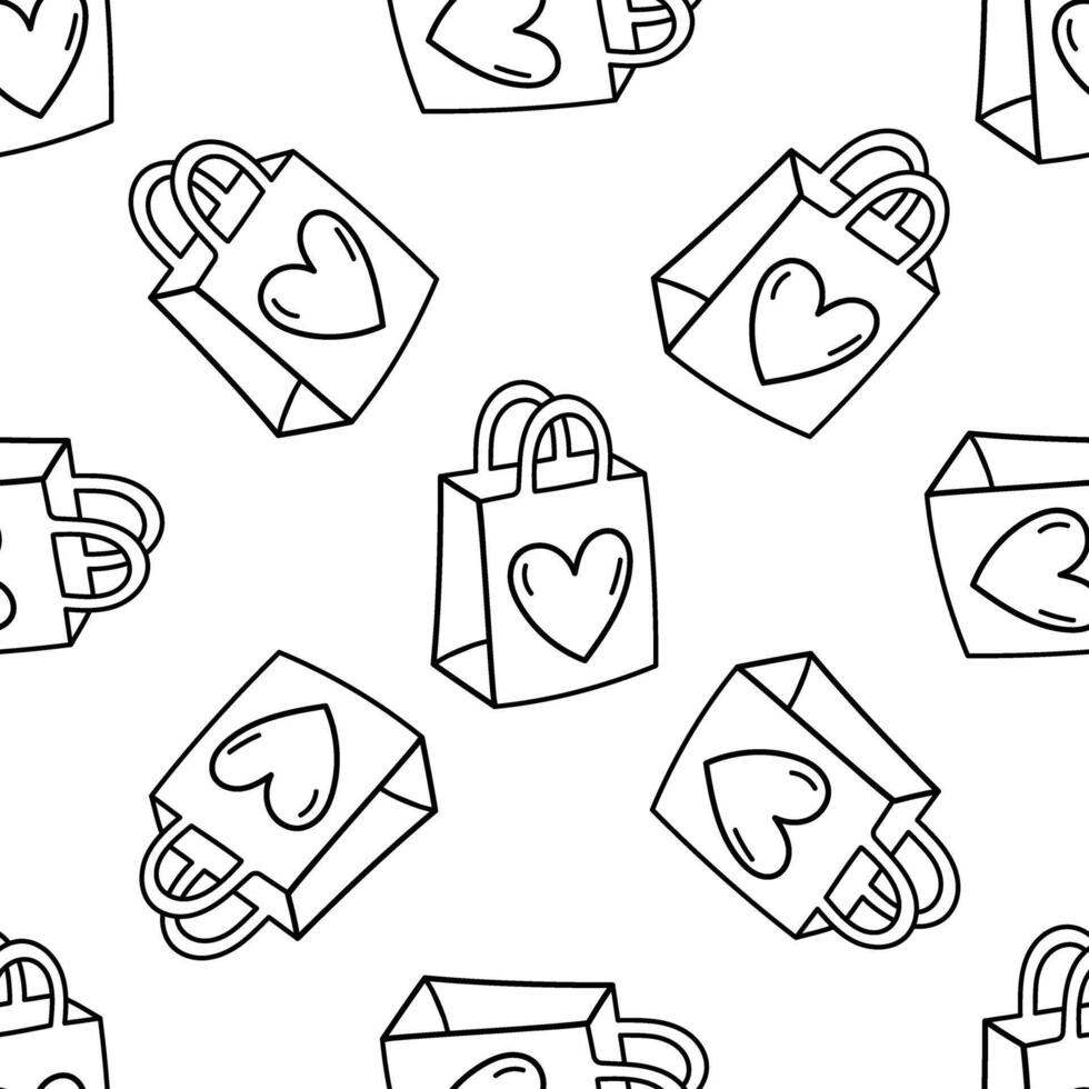 Outline eco heart paper bag seamless pattern with reusable shopping tote vector