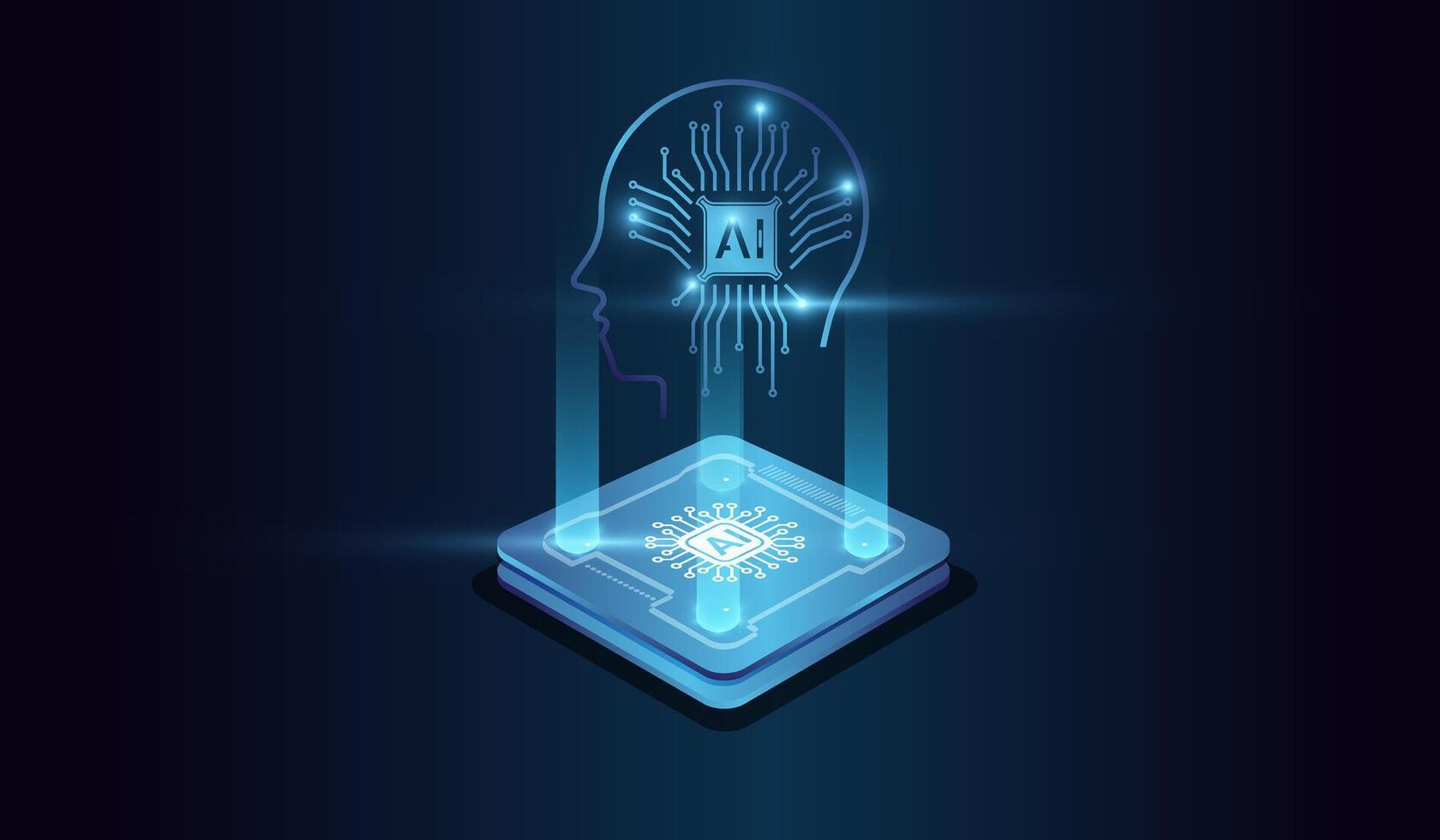 Artifical intelligence technology concept on Brightly glowing AI chip with light circuit board on technology . Computer microchip vector