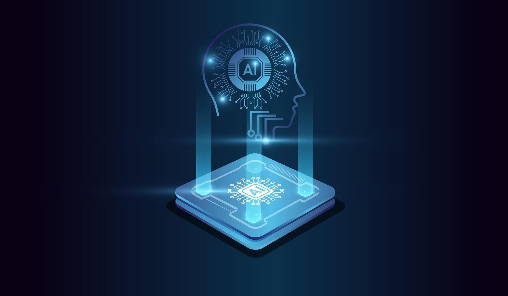 Artifical intelligence technology Head concept on Brightly glowing AI chip with light circuit board on technology . Computer microchip technology vector