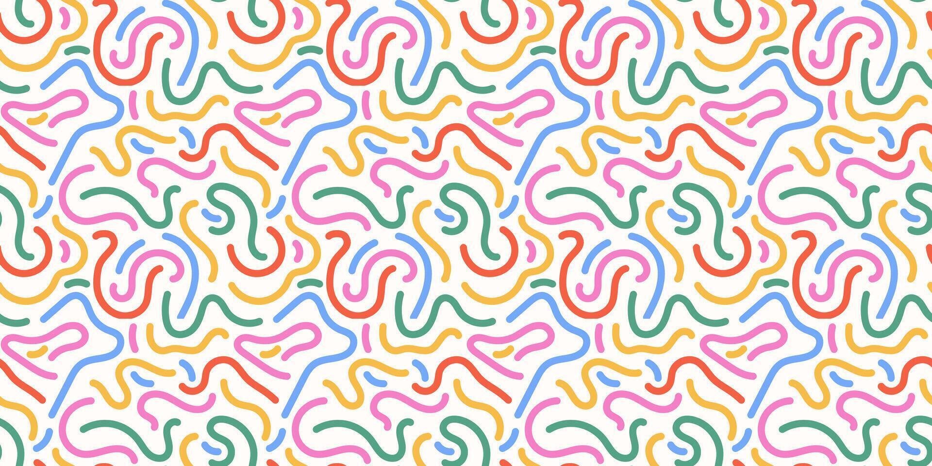 Fun colorful line doodle seamless pattern. Creative minimalist style art background for children or trendy design with basic shapes. Simple childish scribble backdrop. stock background vector