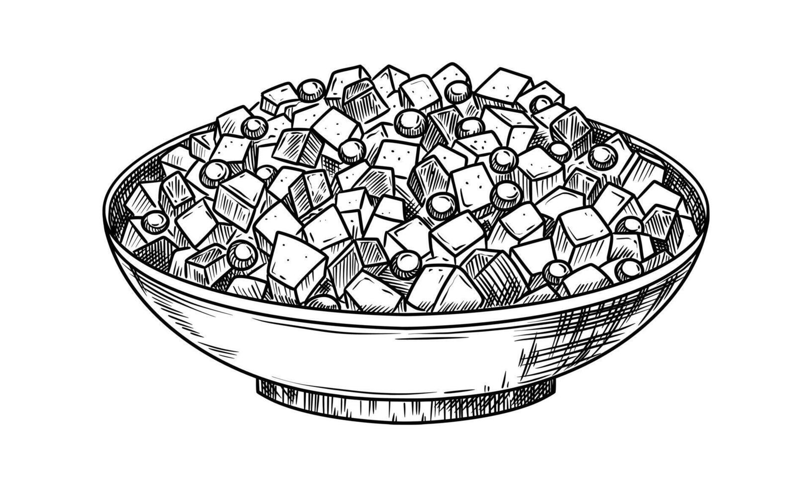 Olivier Russian salad food illustration in the graphic line art style. Hand drawn outline element of cold side dish meal. Perfect for menu creating and sketch drawing designs. vector
