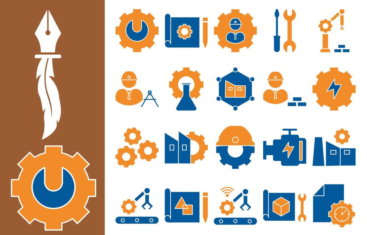 Engineering flat icons set with modern and professional style, with blue and orange colors, suitable for various industrial, engineering, manufacturing and technology purposes. vector