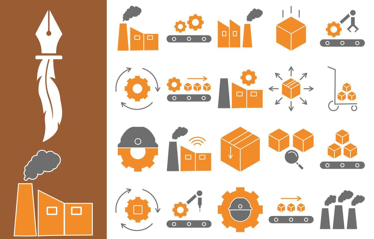 This Factory flat icon set is professionally designed to represent manufacturing industry, factory and production. With orange and grey colors. vector