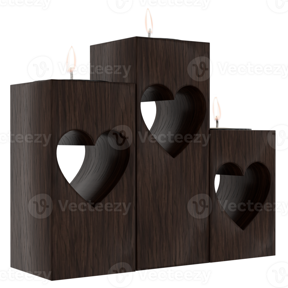 3d render wooden heart candleholder with transparent background png