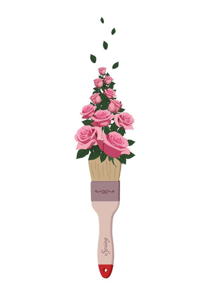Isolated illustration a brush that paints with flowers, roses on white background vector