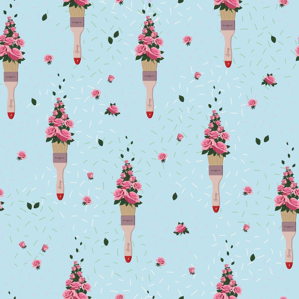 Pattern with a brush that paints with flowers, roses on blue background vector