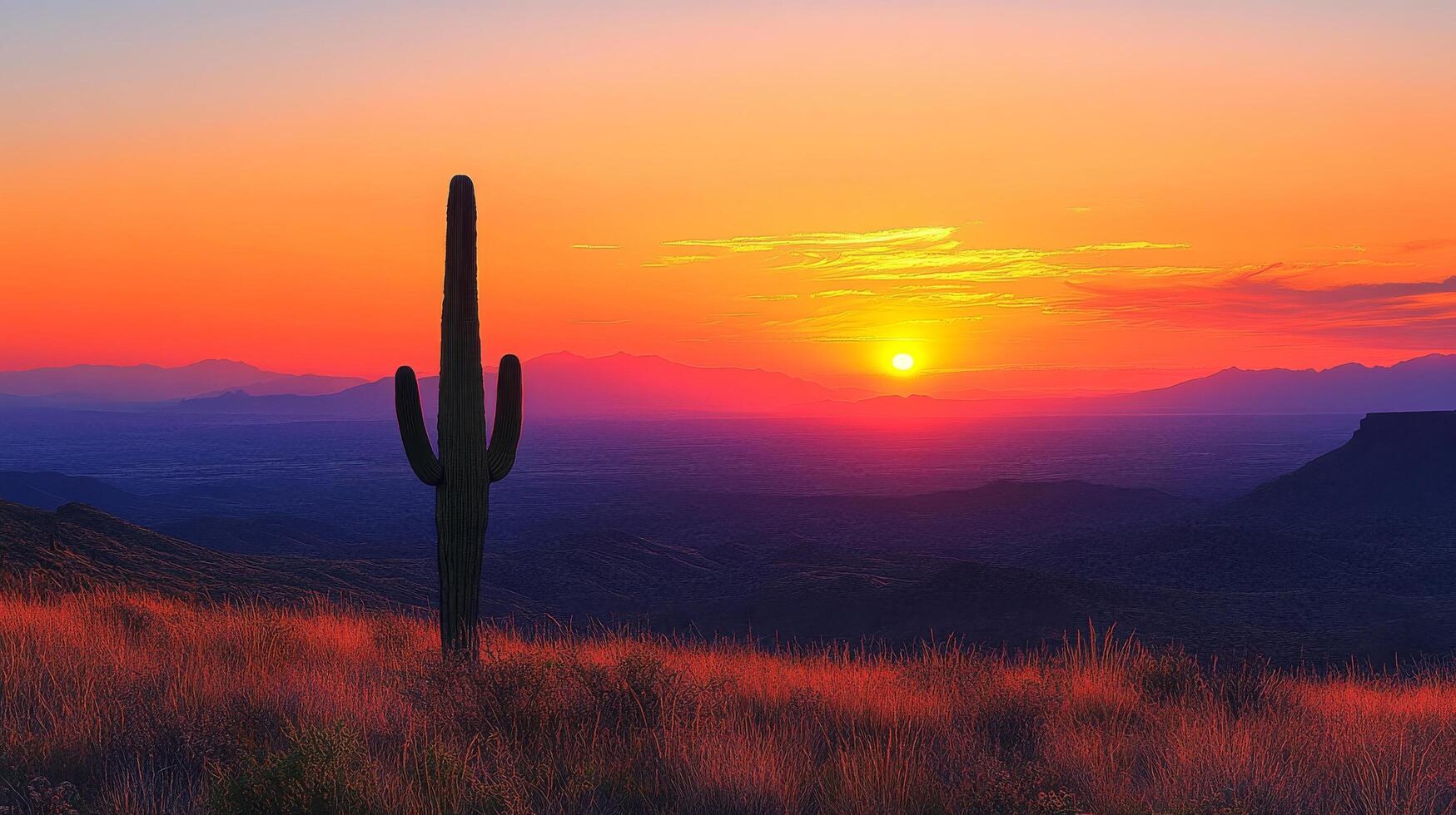 A saguaro cactus stands in the desert at sunset photo
