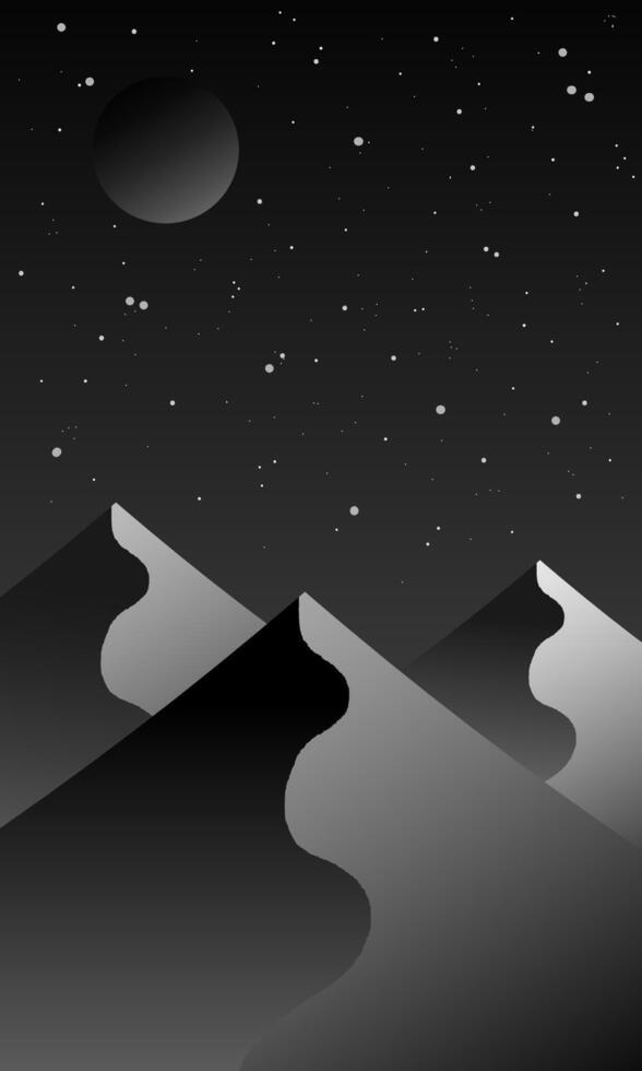 Black and white illustration of mountain landscape at night with starry sky and moon in flat design vector