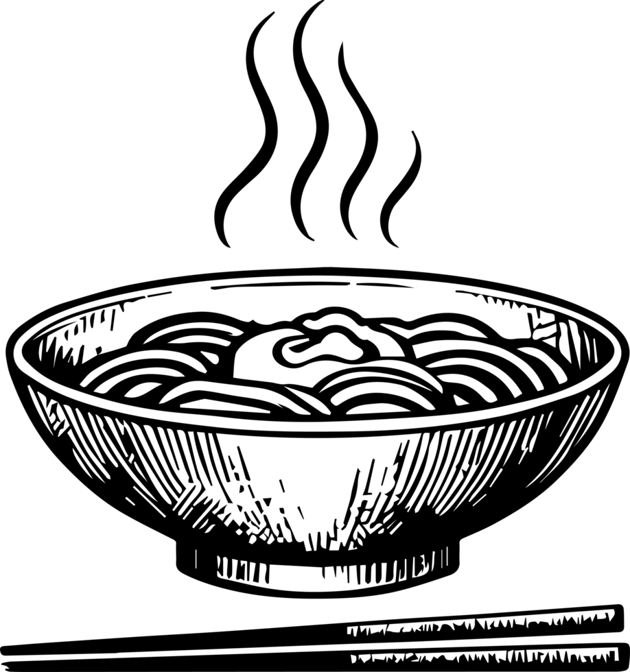 A black and white drawing of a bowl of noodles png