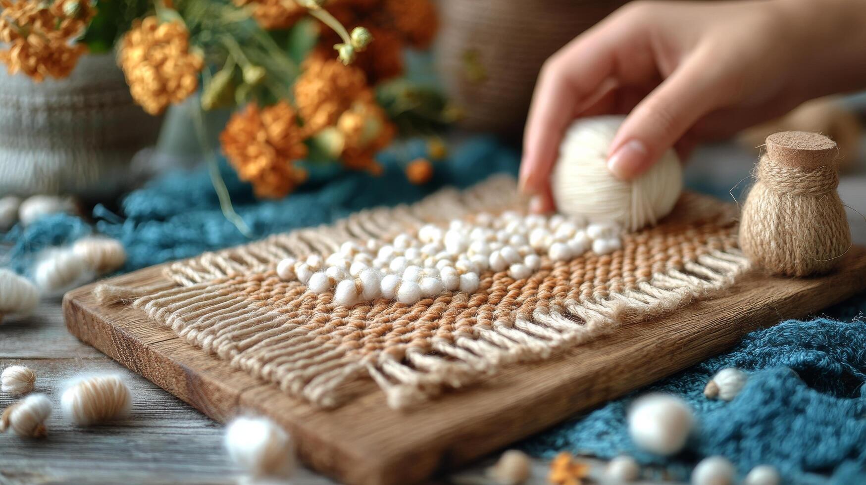 A person is using a needle to make a piece of yarn photo
