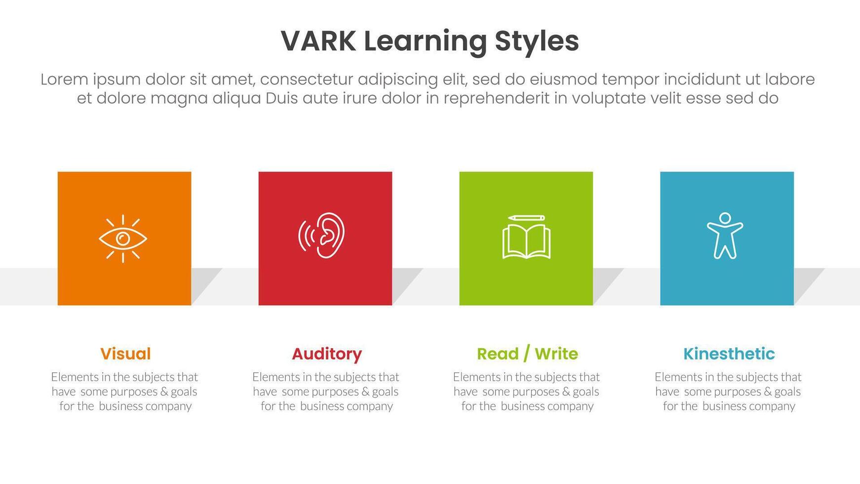 VARK learning styles infographic 4 point stage template with square rectangle shape horizontal for slide presentation vector