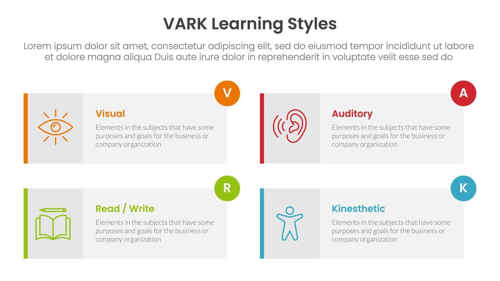 VARK learning styles infographic 4 point stage template with long rectangle box symmetric circle badge for slide presentation vector