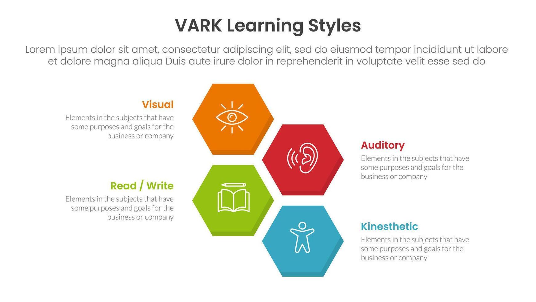 VARK learning styles infographic 4 point stage template with vertical structure hexagonal hexagon shape horizontal for slide presentation vector