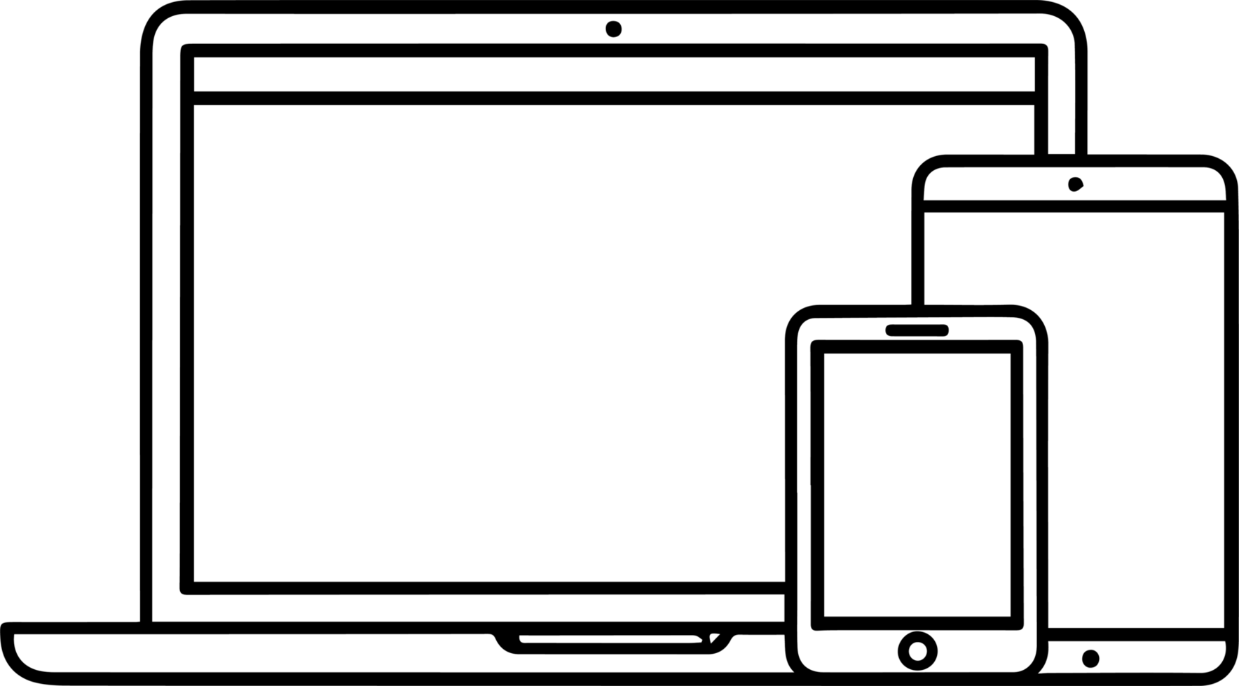 A laptop, phone and tablet are shown in a black and white illustration png