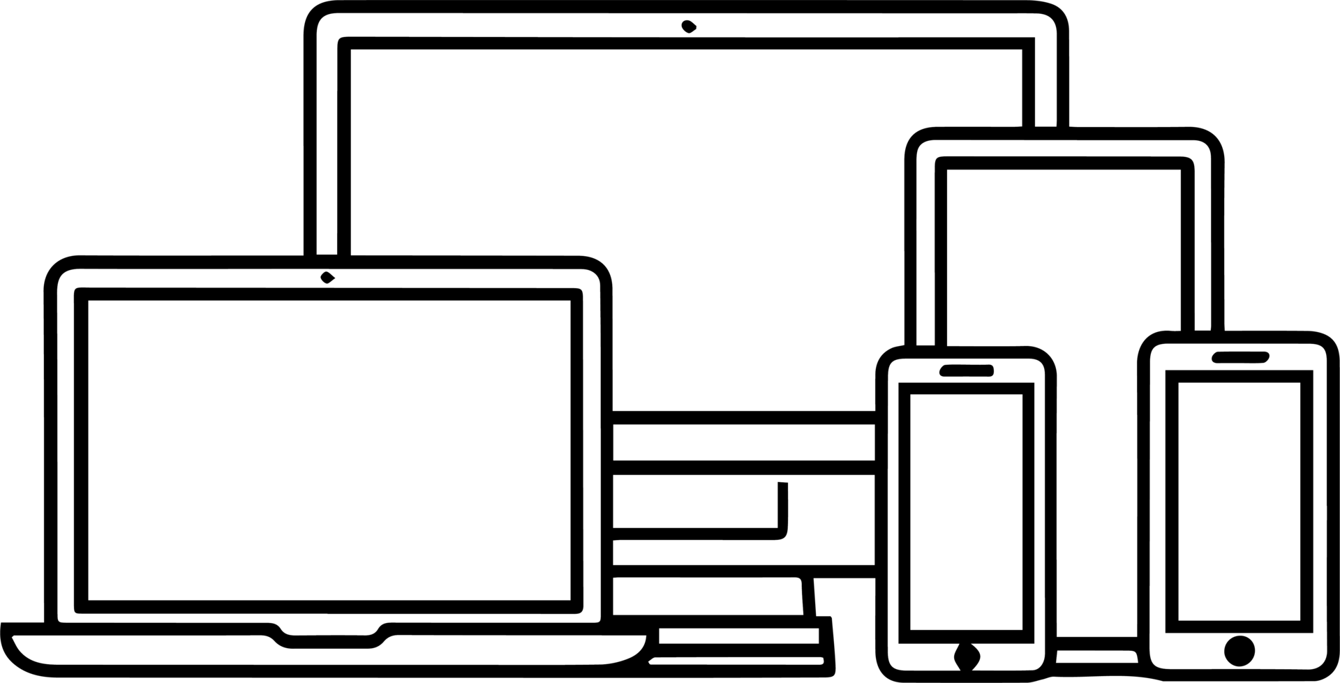 A black and white illustration of a computer, tablet and phone png