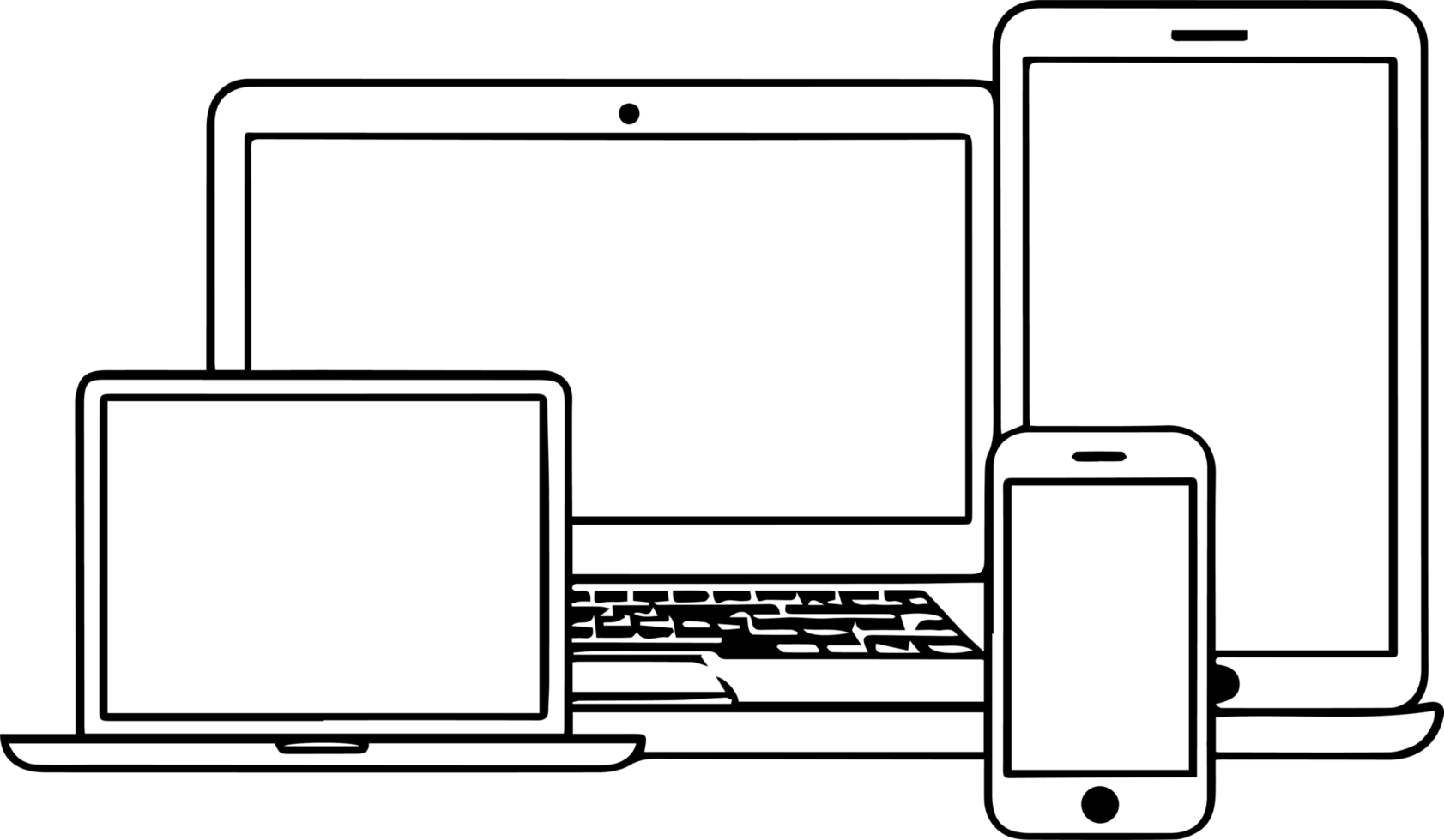 A black and white illustration of a laptop, phone and tablet png