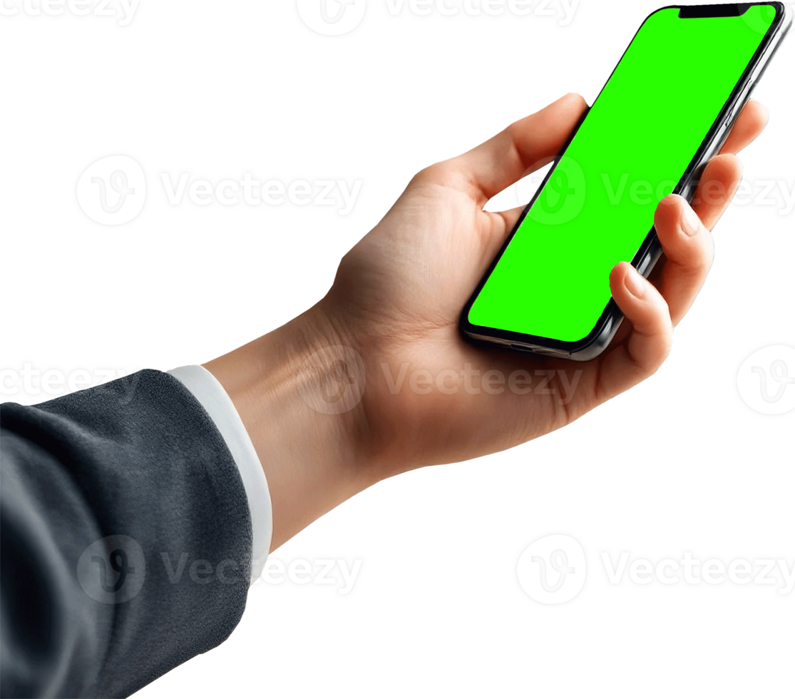 A person holding a phone with a green screen png