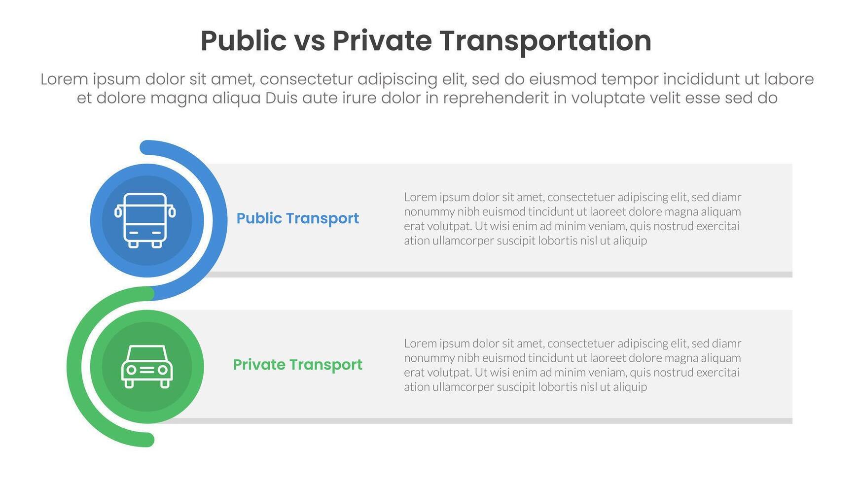 public transport vs personal vehicle comparison concept for infographic template banner with rectangle box stack and circle wave with two point list information vector