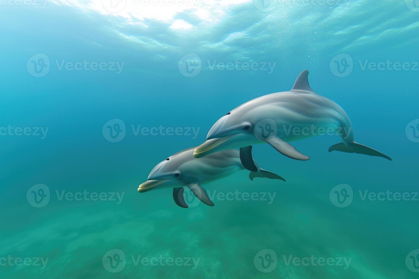 Dolphins swimming in the sea, underwater view photo