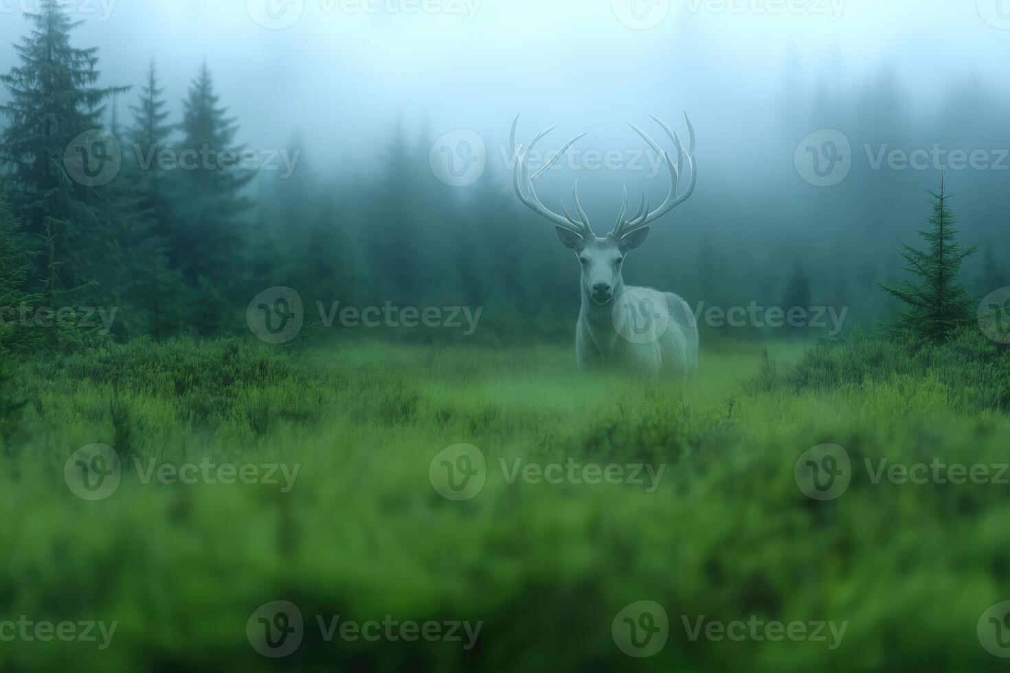 translucent white deer in the meadow in the mist, forest spirit photo