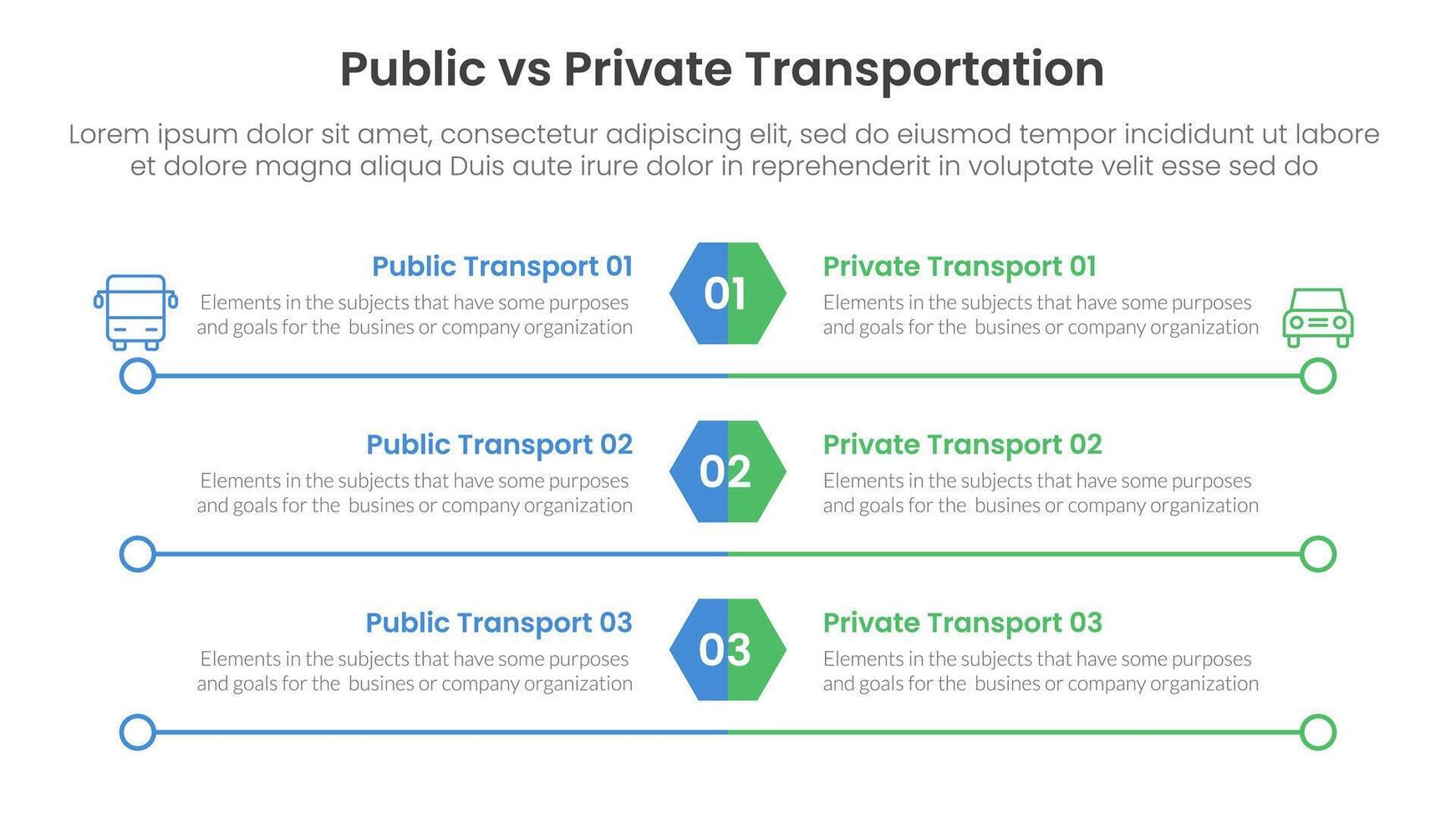 public transport vs personal vehicle comparison concept for infographic template banner with hexagon and circle long outline with two point list information vector