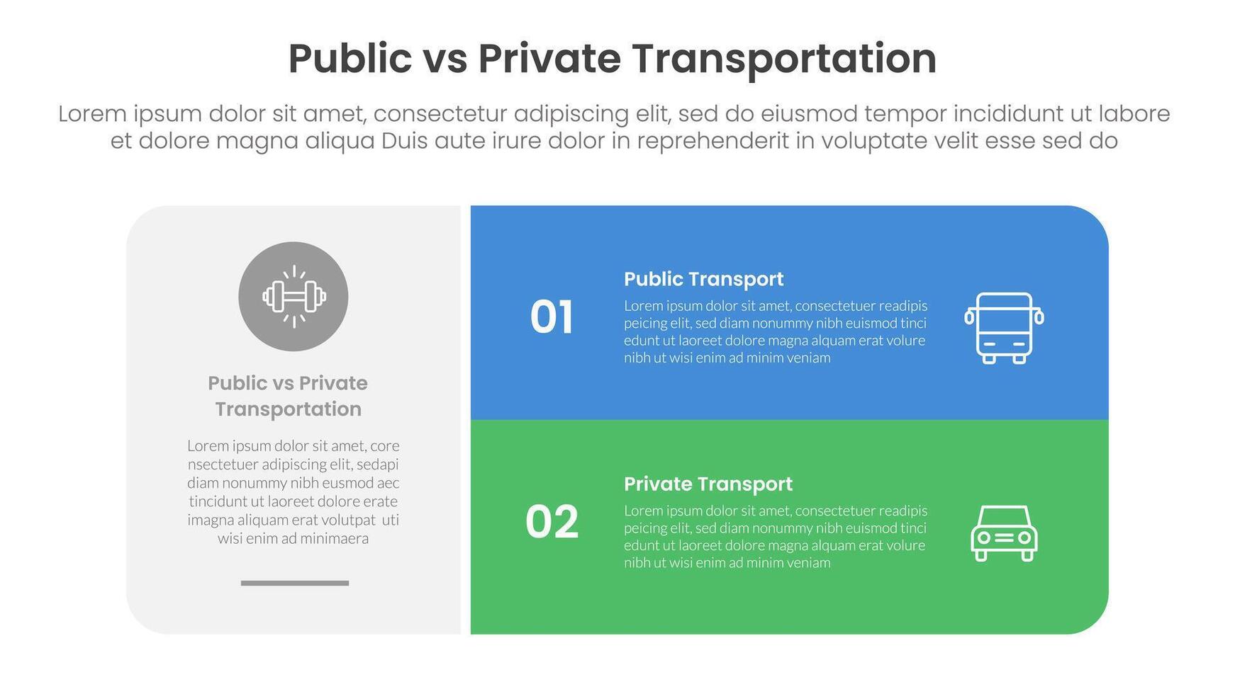 public transport vs personal vehicle comparison concept for infographic template banner with big round box and stack list with two point list information vector