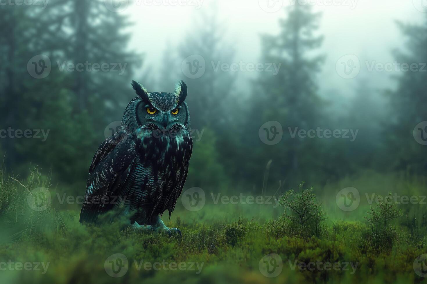 Owl in the misty forest. Foggy morning landscape. photo