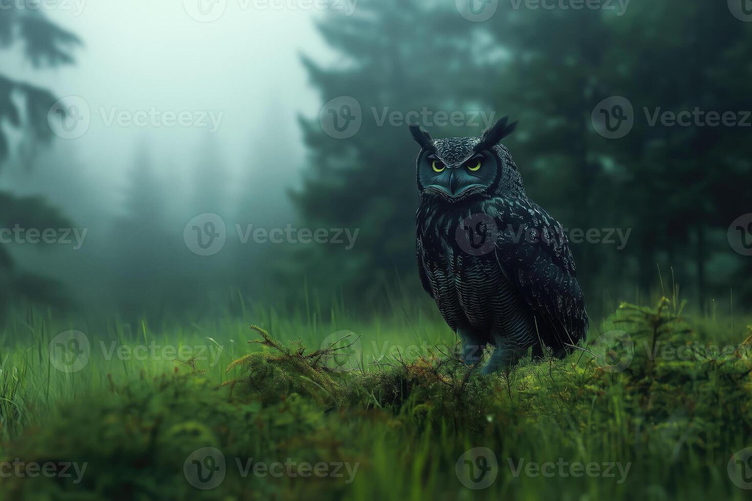 black eagle owl in the misty forest. photo