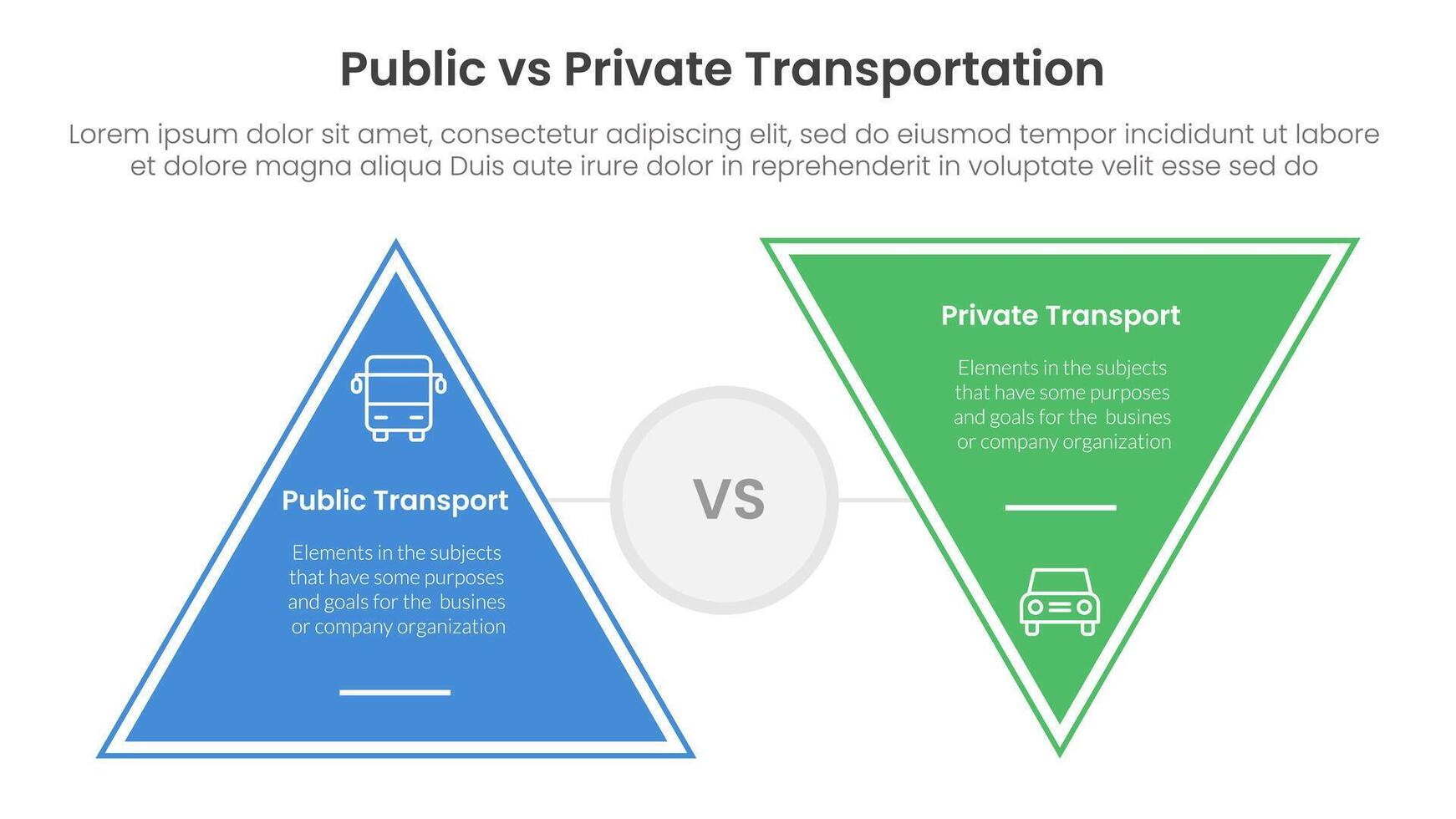 public transport vs personal vehicle comparison concept for infographic template banner with triangle shape reverse with two point list information vector