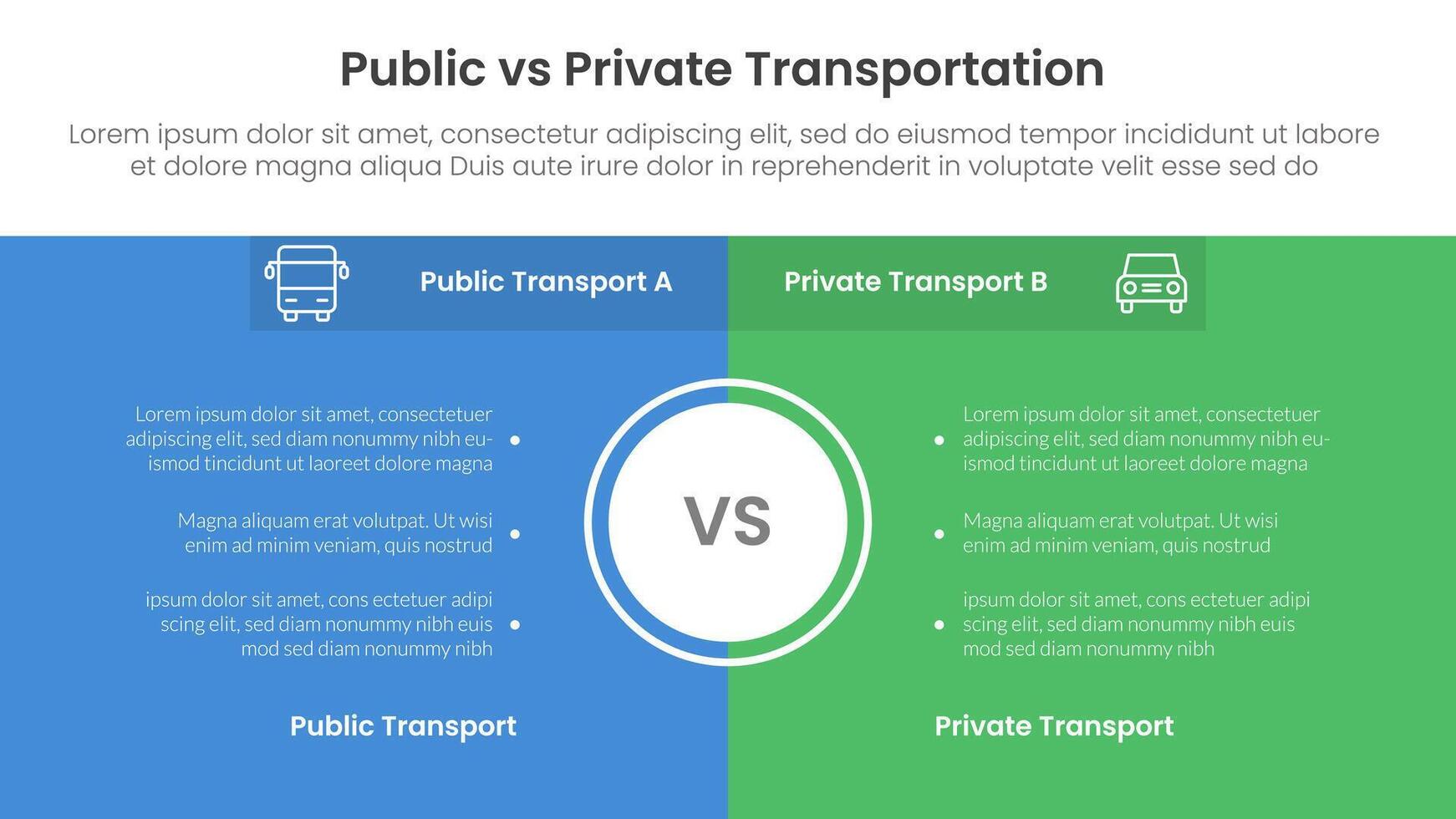 public transport vs personal vehicle comparison concept for infographic template banner with full page box background center with two point list information vector
