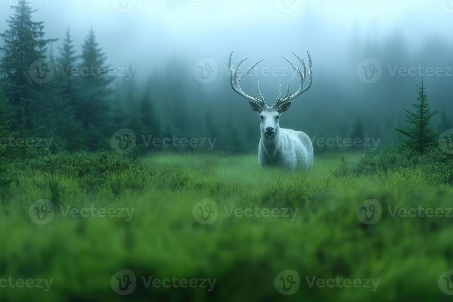 white deer in the meadow in the mist photo