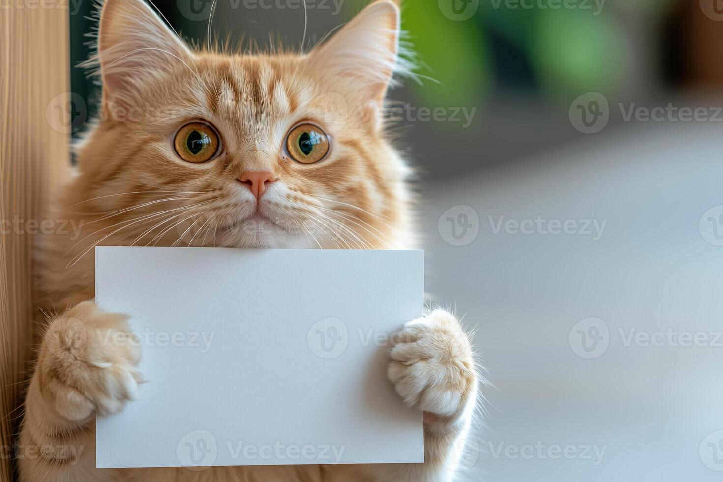 Cute ginger cat with blank sheet of paper. Place for text photo