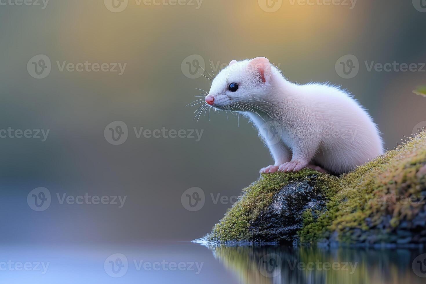white weasel preparing to jump over water photo