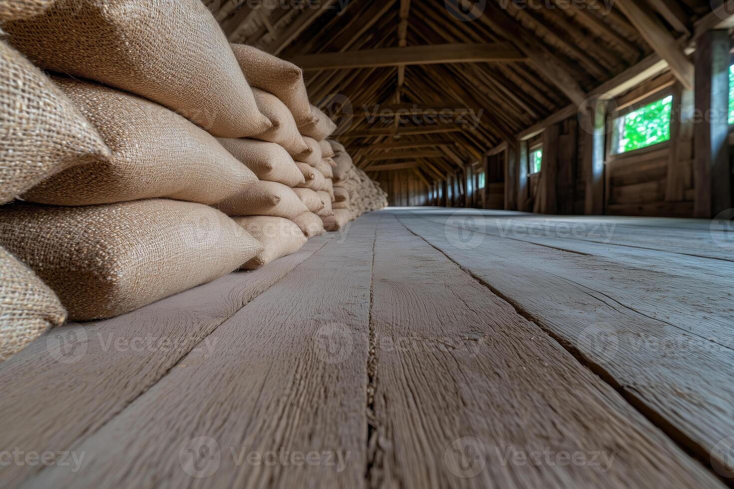 Bags of burlap on a wooden floor in a barn. photo