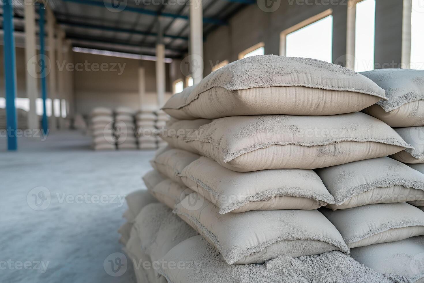 stacks of cement bags in a warehouse photo
