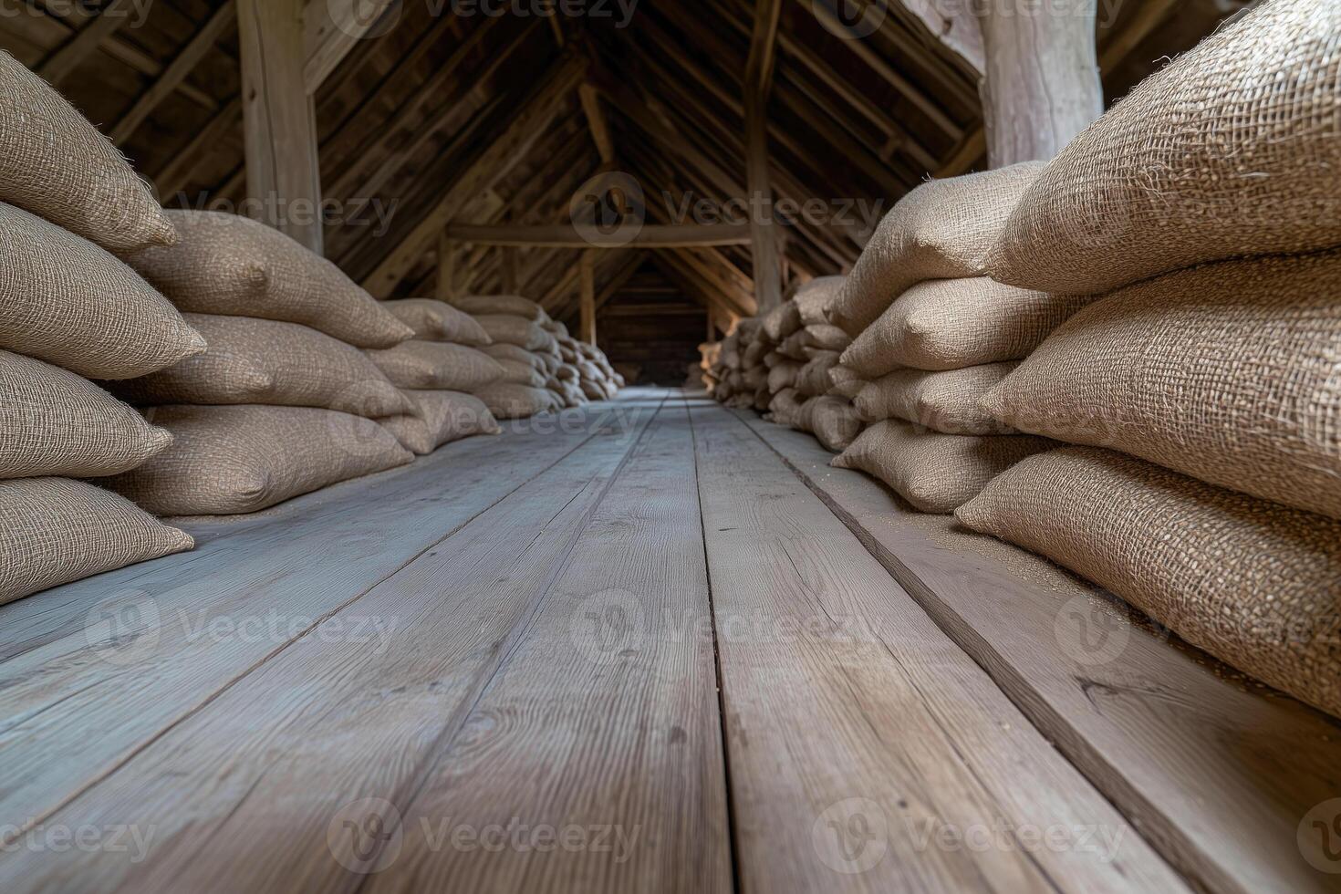 Sacks of burlap in a wooden barn. photo