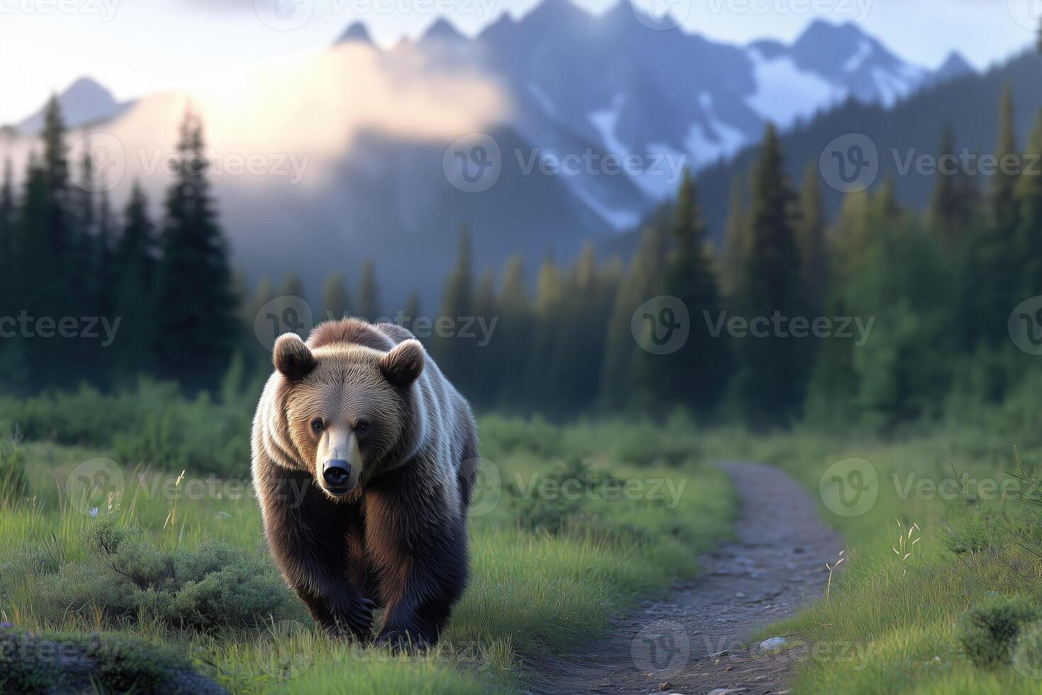 Brown bear on the path in mountain forest. photo
