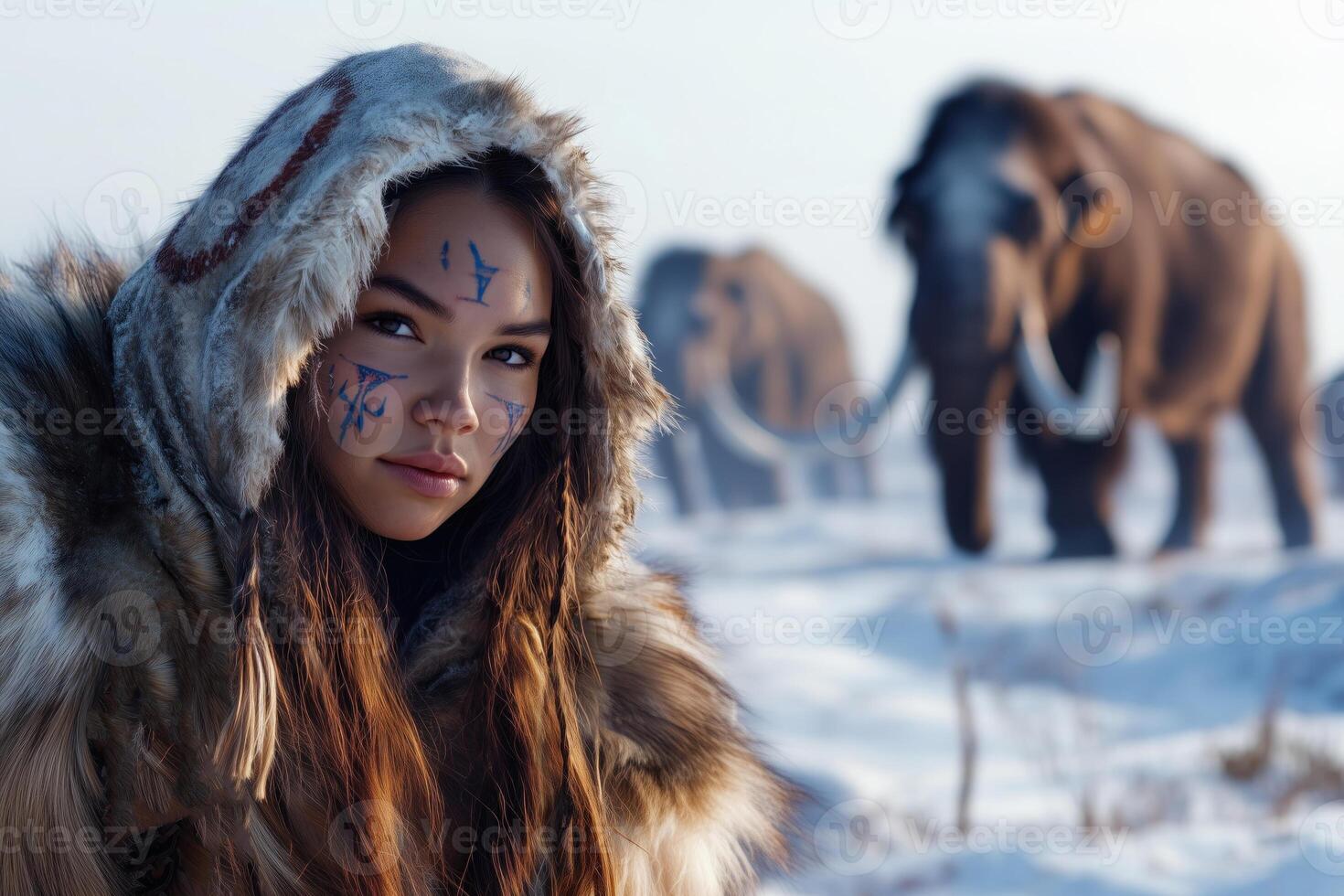 Portrait of a beautiful young woman in a fur coat with an mammoths in the background photo