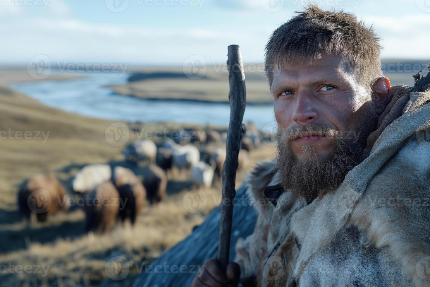 Portrait of a man in a fur clothes on the background of a herd of animals photo