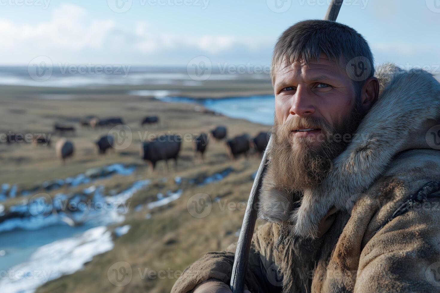 portrait of a man with a beard in a fur coat on the background of a flock of ungulates photo