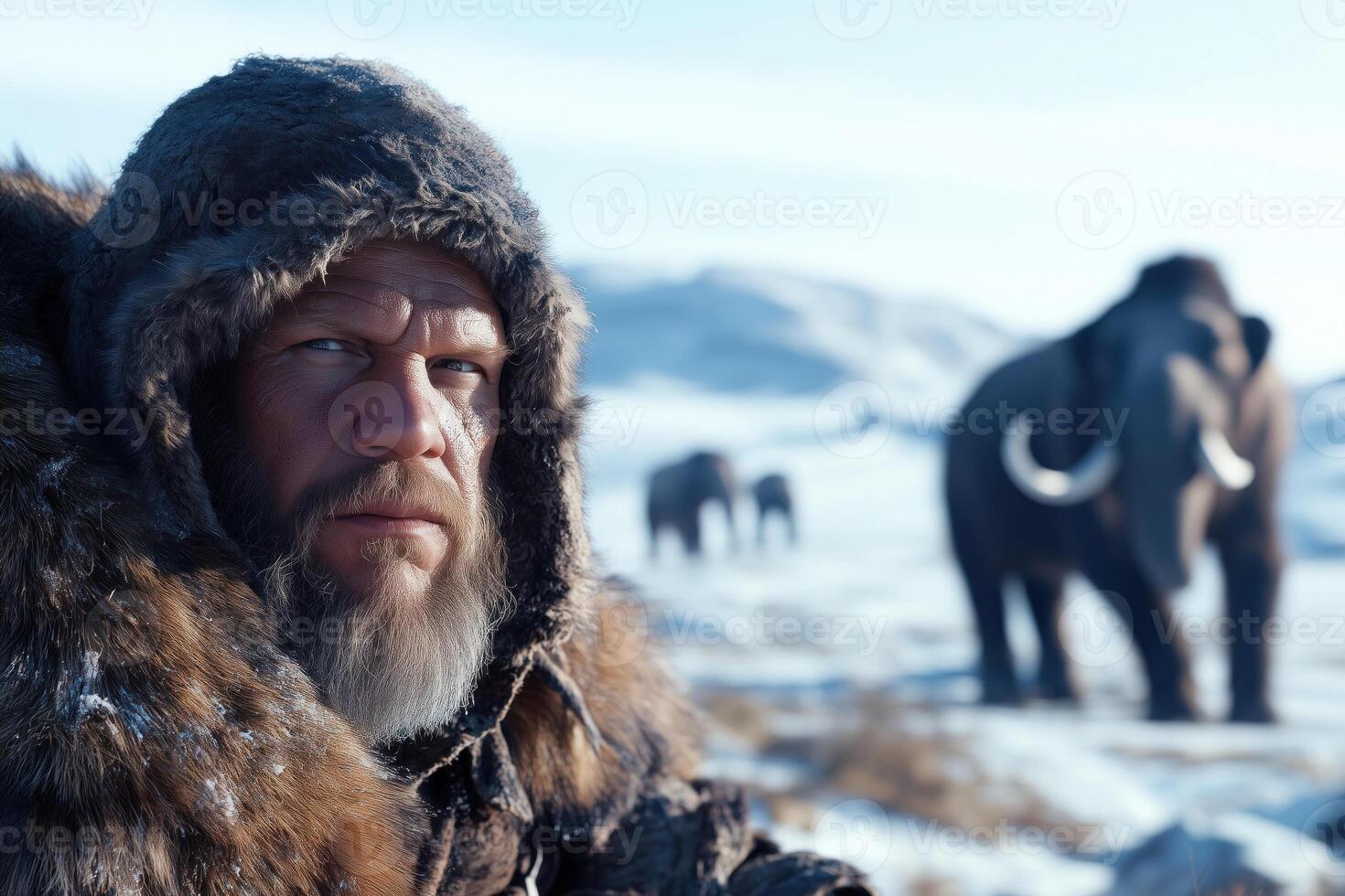 Portrait of a man with a long beard in a fur coat on the background of a herd of mammoths photo