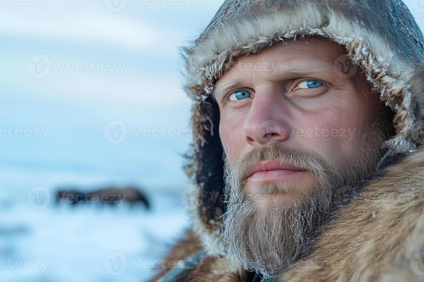Portrait of a man with a long beard in a fur coat on the background of the winter landscape with grazing animals photo