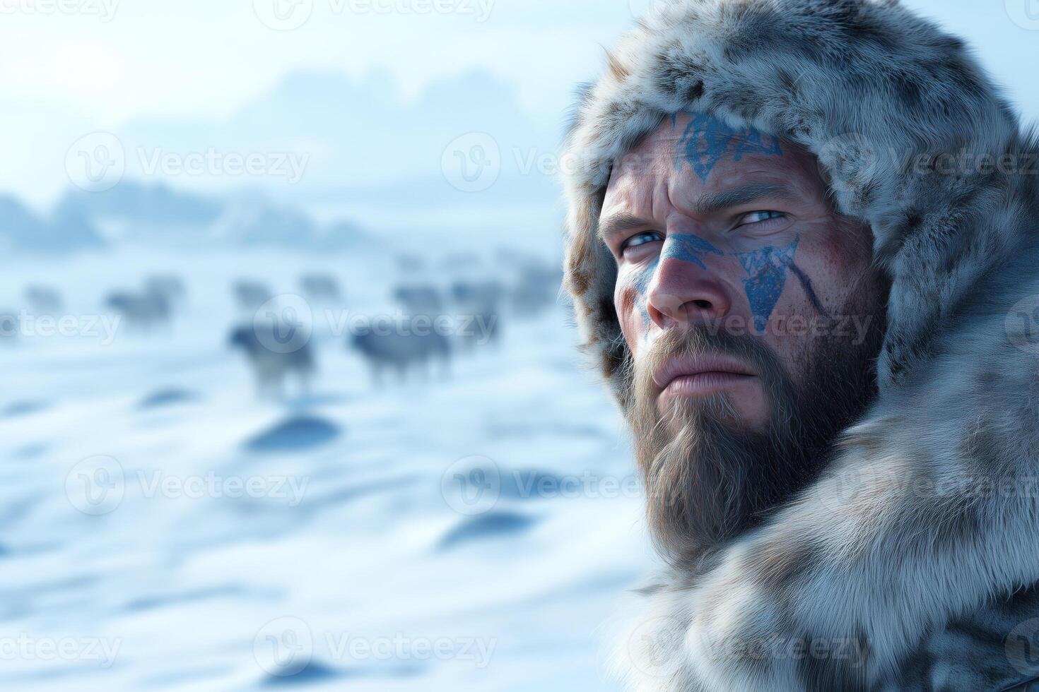 Portrait of a man with a beard in a fur coat on the background of a snowy landscape with wild animals photo