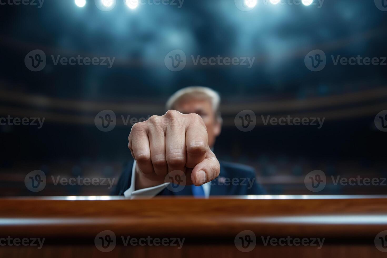 speaker showing clenched fist during public speech photo